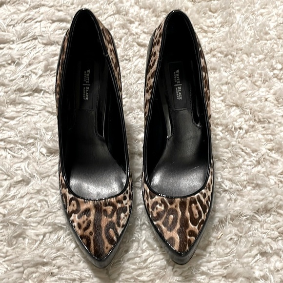 White House Black Market Women Heel Size 6.5 Black Leather Cheetah Animal Print - Picture 1 of 13